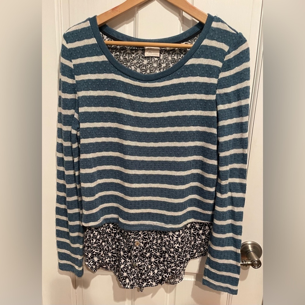 Postage Stamp-Anthropologie Blue and White Sweater with Floral Button Down